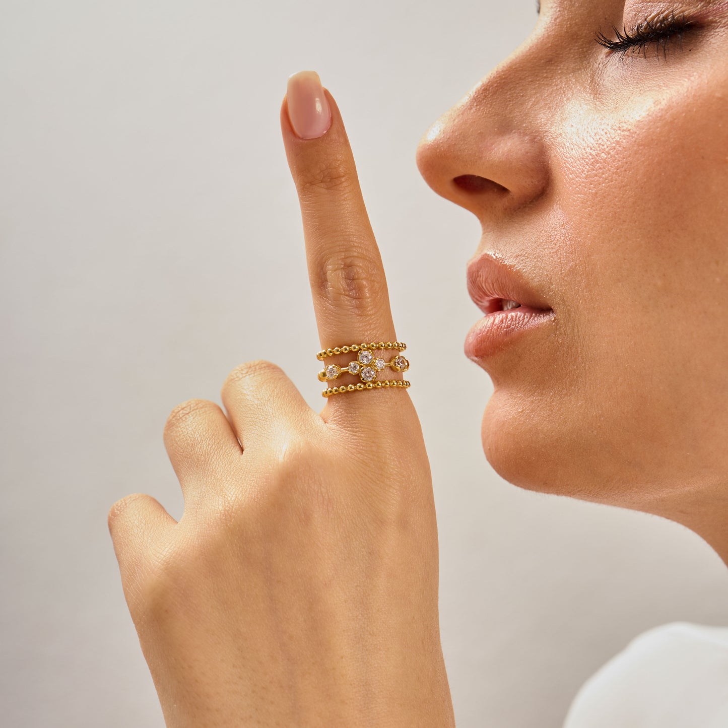 Wide Beaded Gold Ring with Moissanite, Modern Stacking Ring, Minimal Luxury Jewelry, Anniversary Gift
