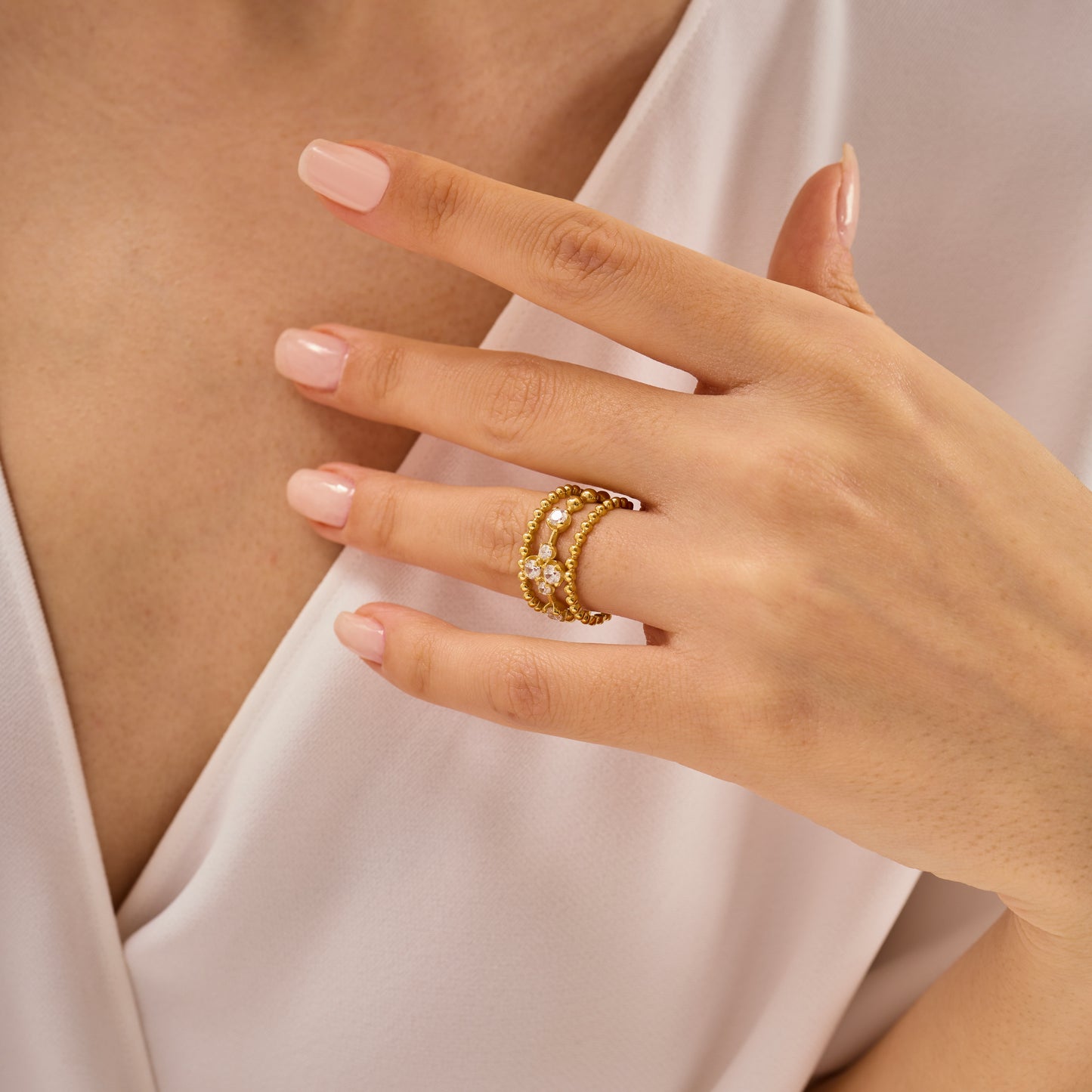 Wide Beaded Gold Ring with Moissanite, Modern Stacking Ring, Minimal Luxury Jewelry, Anniversary Gift