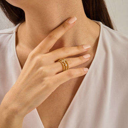 Wide Beaded Gold Ring with Moissanite, Modern Stacking Ring, Minimal Luxury Jewelry, Anniversary Gift