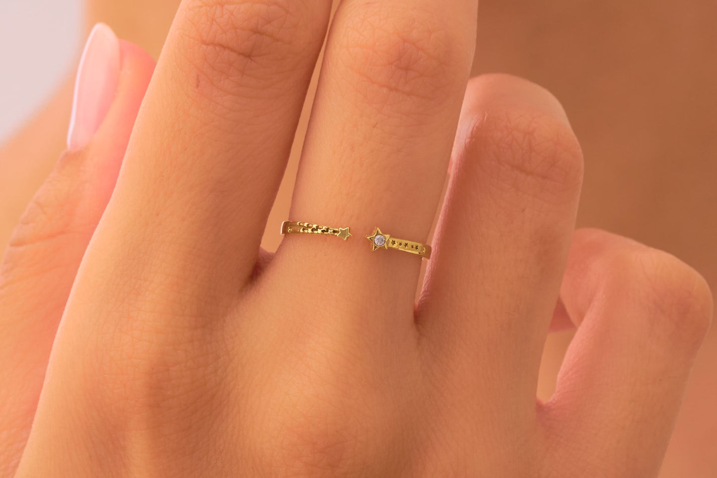 Solid Gold & Silver "Make A Wish" Band Ring: Star and Diamond Accent Inspirational Wish Ring