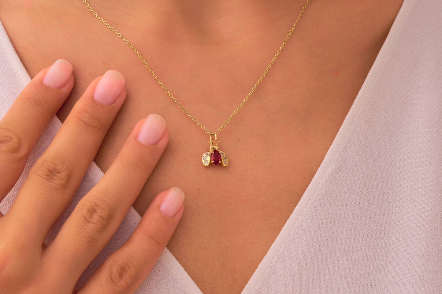 Red Garnet and Moissanite Ladybird Necklace: Elegant Ladybug Pendant in Silver & Solid Gold