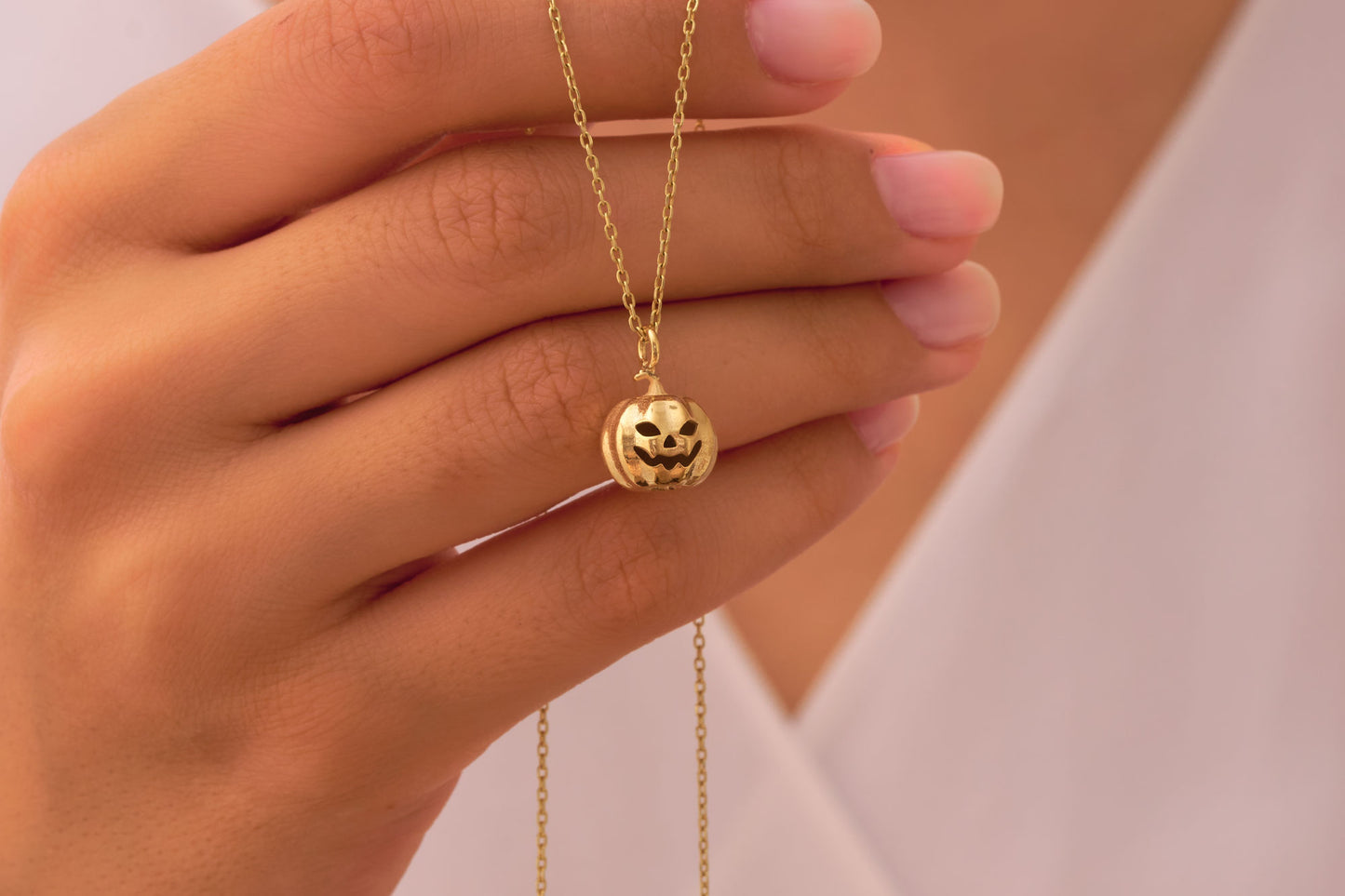 Halloween Pumpkin Necklace 14k Solid Gold Cute Pumpkin Charm Pendant