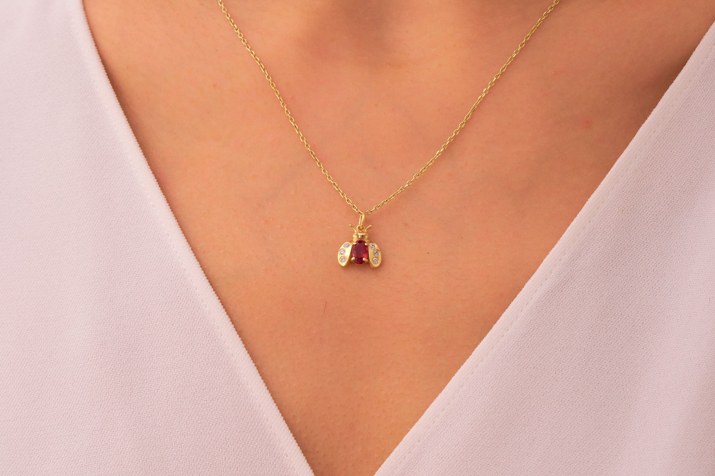 Red Garnet and Moissanite Ladybird Necklace: Elegant Ladybug Pendant in Silver & Solid Gold