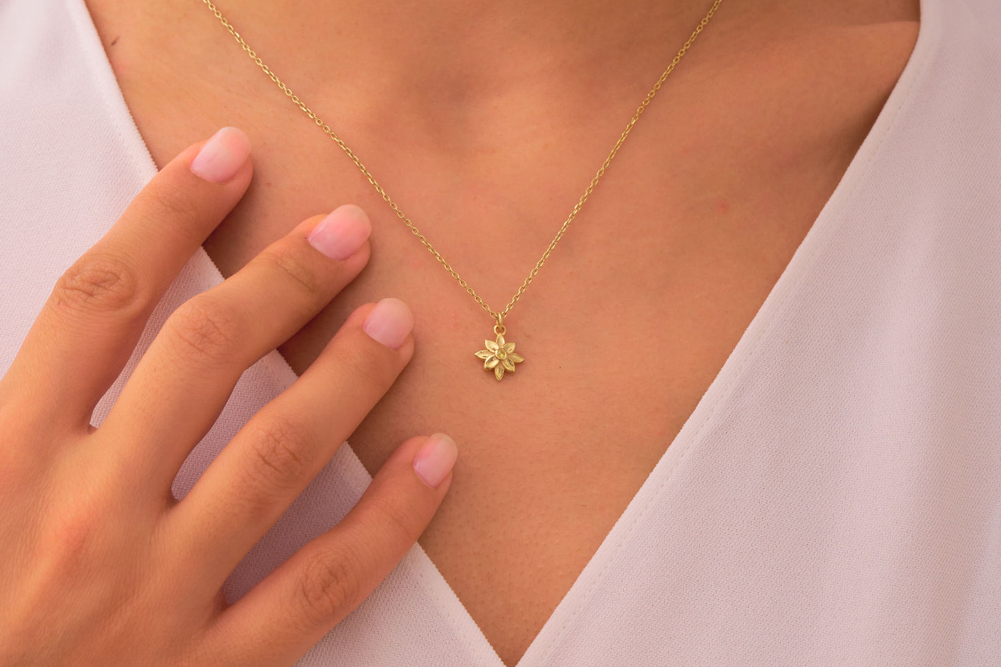 Dainty Citrine Flower Necklace: Minimalist Daisy Jewelry in Silver & Solid Gold Options