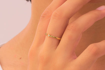 Solid Gold & Silver "Make A Wish" Band Ring: Star and Diamond Accent Inspirational Wish Ring