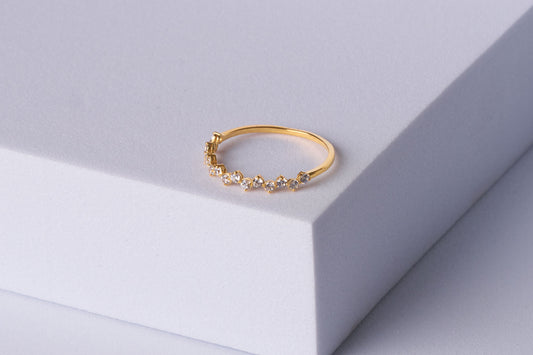 Dainty Diamond  Crown Ring – Elegant Gold Band with Round-Cut Stones, Delicate Sparkle for Stacking or Solo Wear