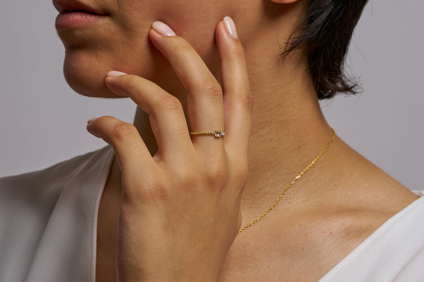 Modern Baguette Diamond Ring, Baguette Cut Minimalist Ring for Her, Beaded Gold Band Ring, Dainty Moissanite Engagement Ring,Gift for Wife