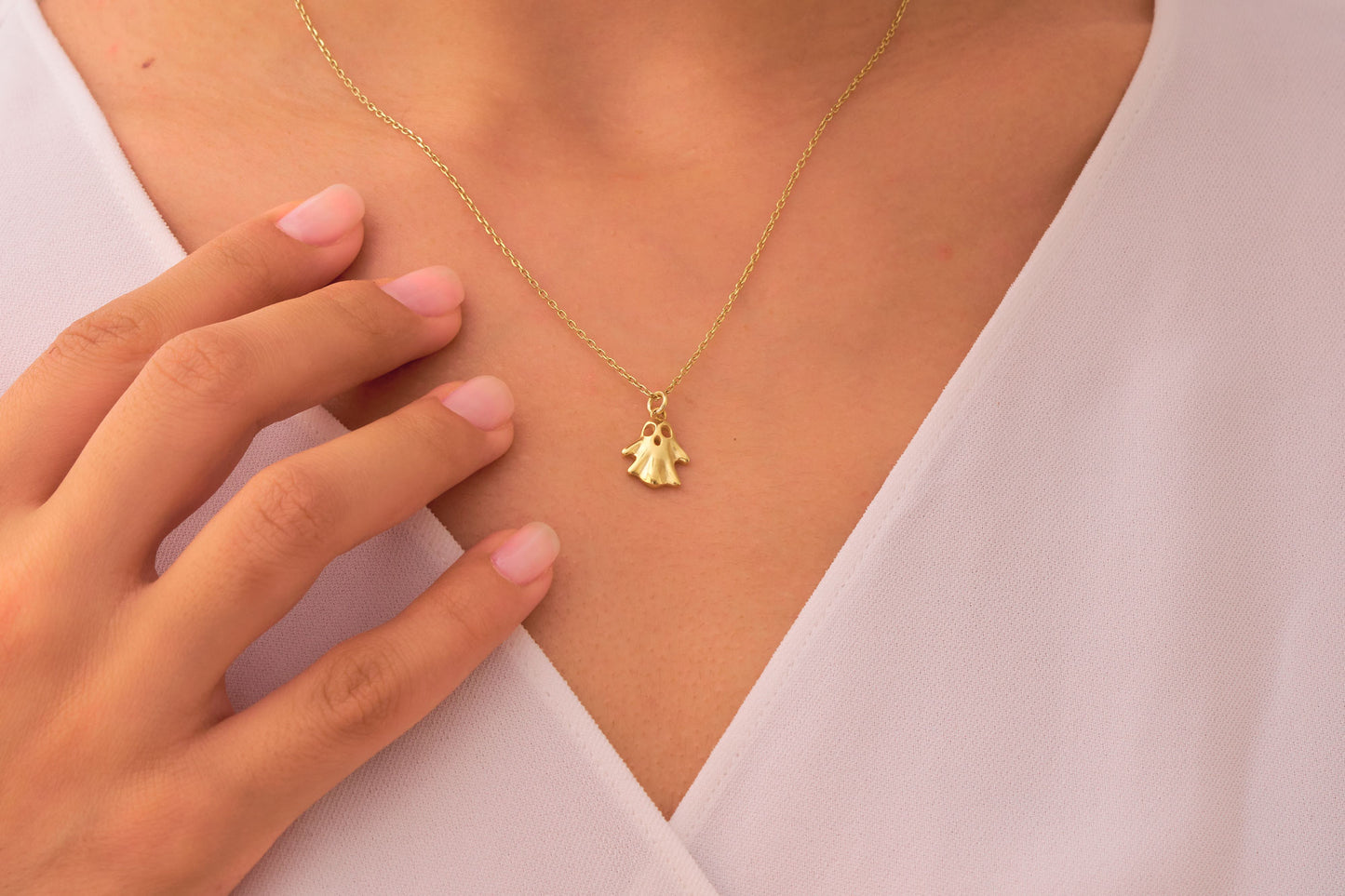 Halloween Ghost Necklace in Solid Gold: Cute and Spooky Ghost Charm Pendant