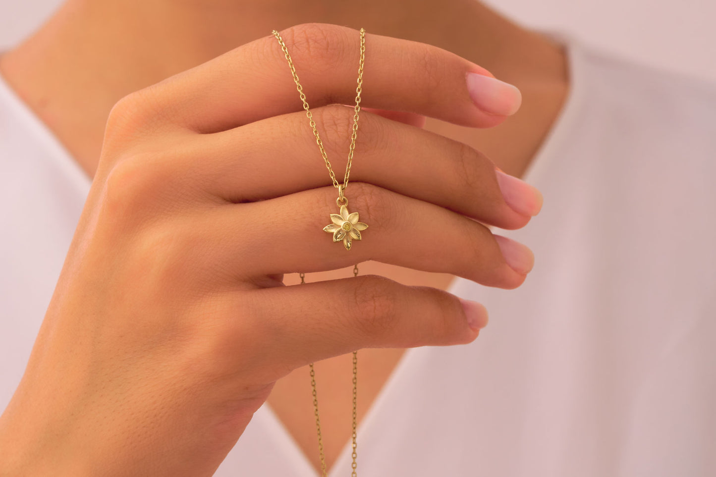Dainty Citrine Flower Necklace: Minimalist Daisy Jewelry in Silver & Solid Gold Options