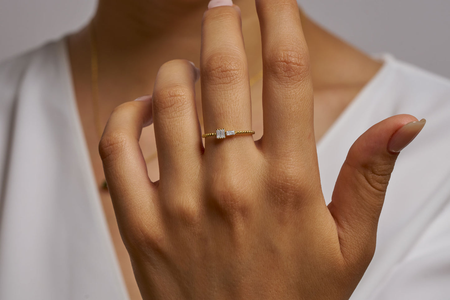 Modern Baguette Diamond Ring, Baguette Cut Minimalist Ring for Her, Beaded Gold Band Ring, Dainty Moissanite Engagement Ring,Gift for Wife