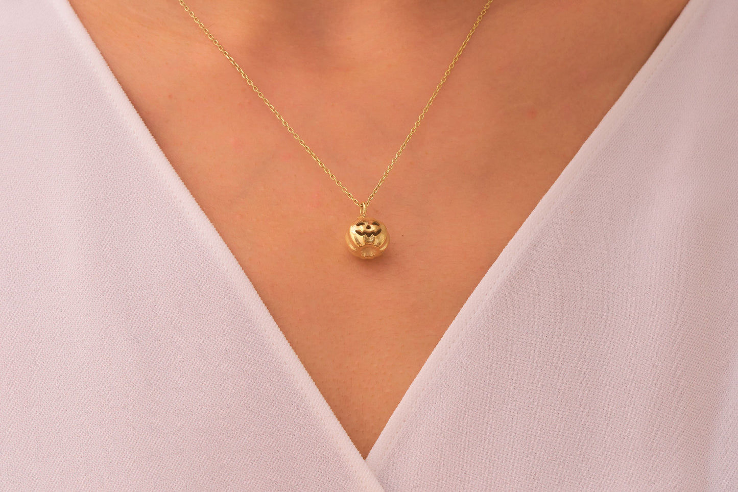 Halloween Pumpkin Necklace 14k Solid Gold Cute Pumpkin Charm Pendant