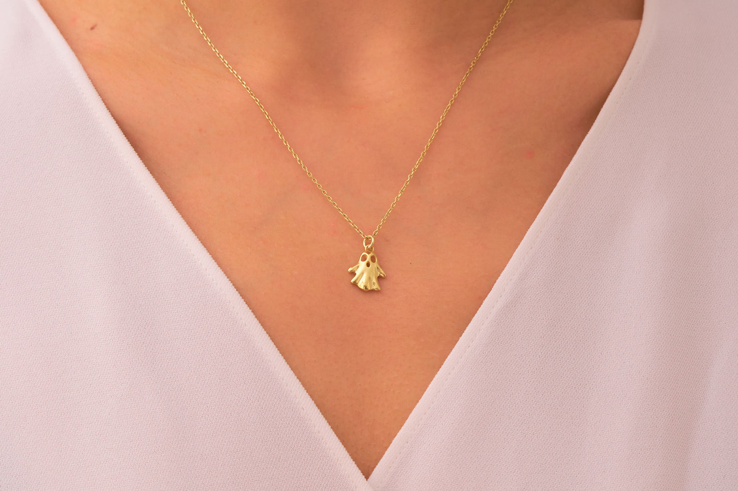 Halloween Ghost Necklace in Solid Gold: Cute and Spooky Ghost Charm Pendant