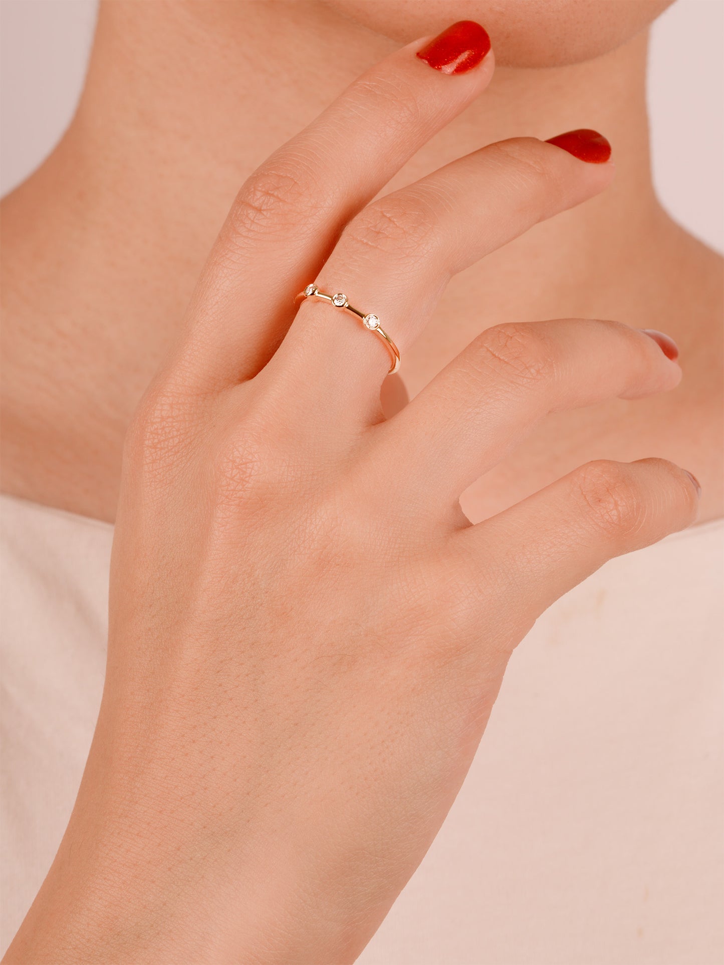 14K Solid Gold Bezel Set Ring, Three Stone Natural Moissanite Ring