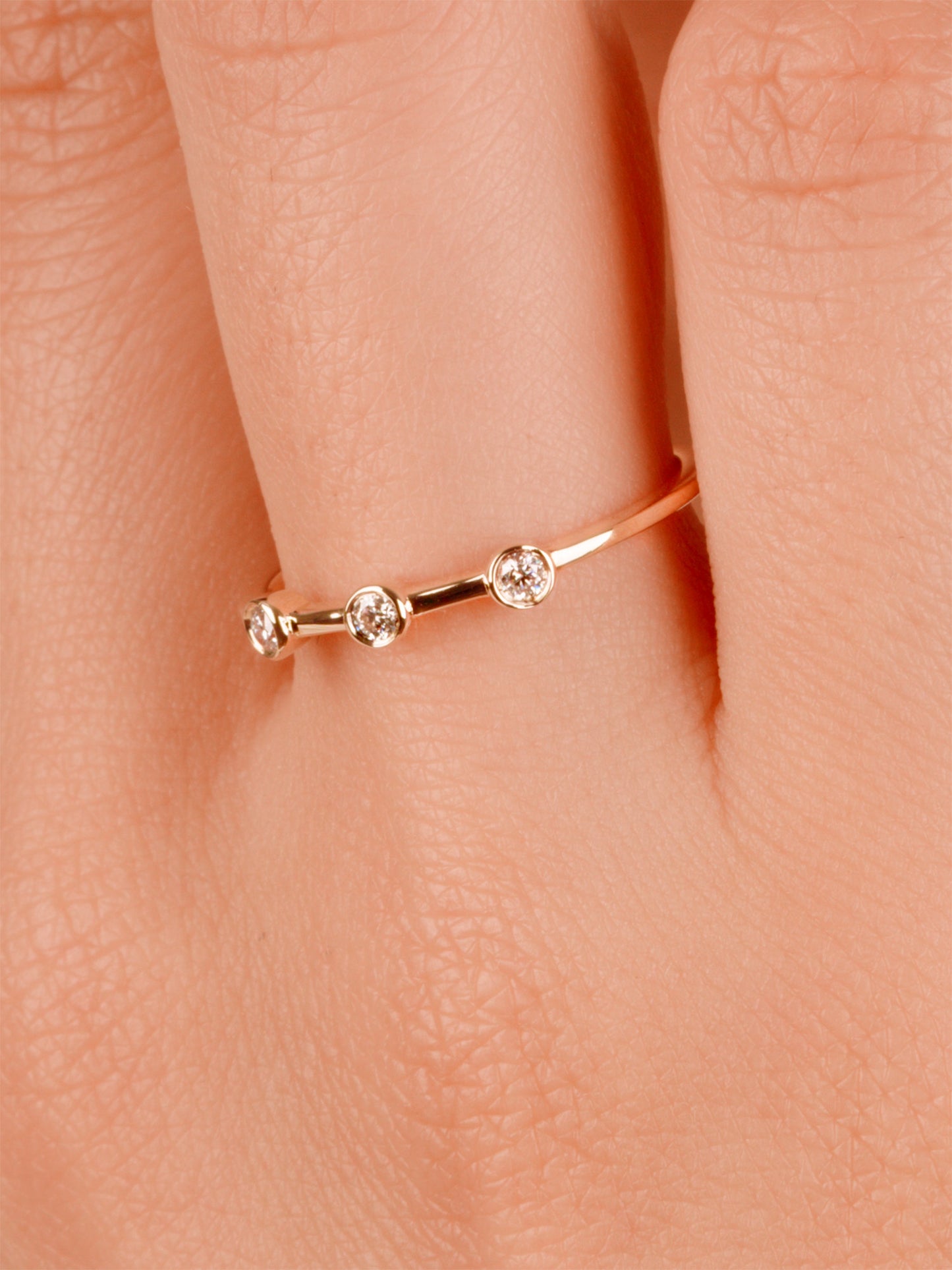 14K Solid Gold Bezel Set Ring, Three Stone Natural Moissanite Ring