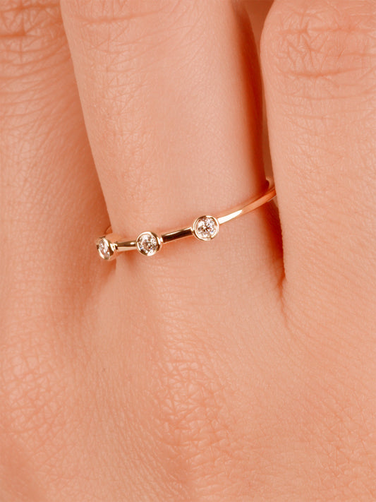 14K Solid Gold Bezel Set Ring, Three Stone Natural Moissanite Ring