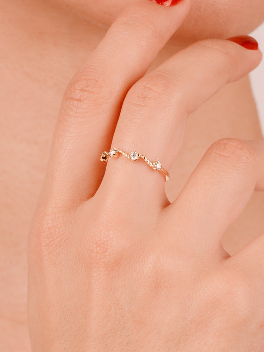 14K Gold Wave Moissanite Ring – Unique Curved Stacking Band