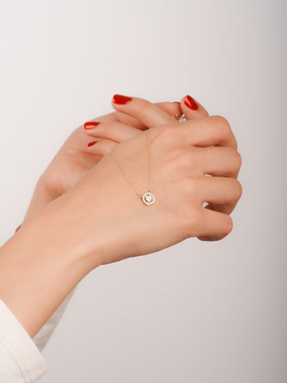 Moissanite Halo Pendant Necklace –  Gold Dainty Necklace