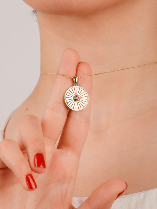 14K Gold Sunburst Rhodolite Necklace