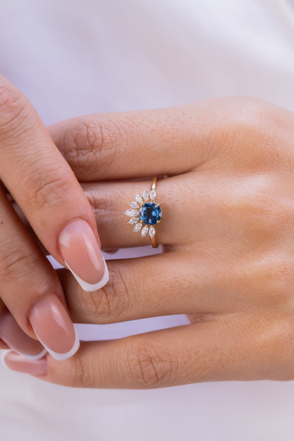 Blue Iolite Sunburst Ring – 14K Gold Halo Ring