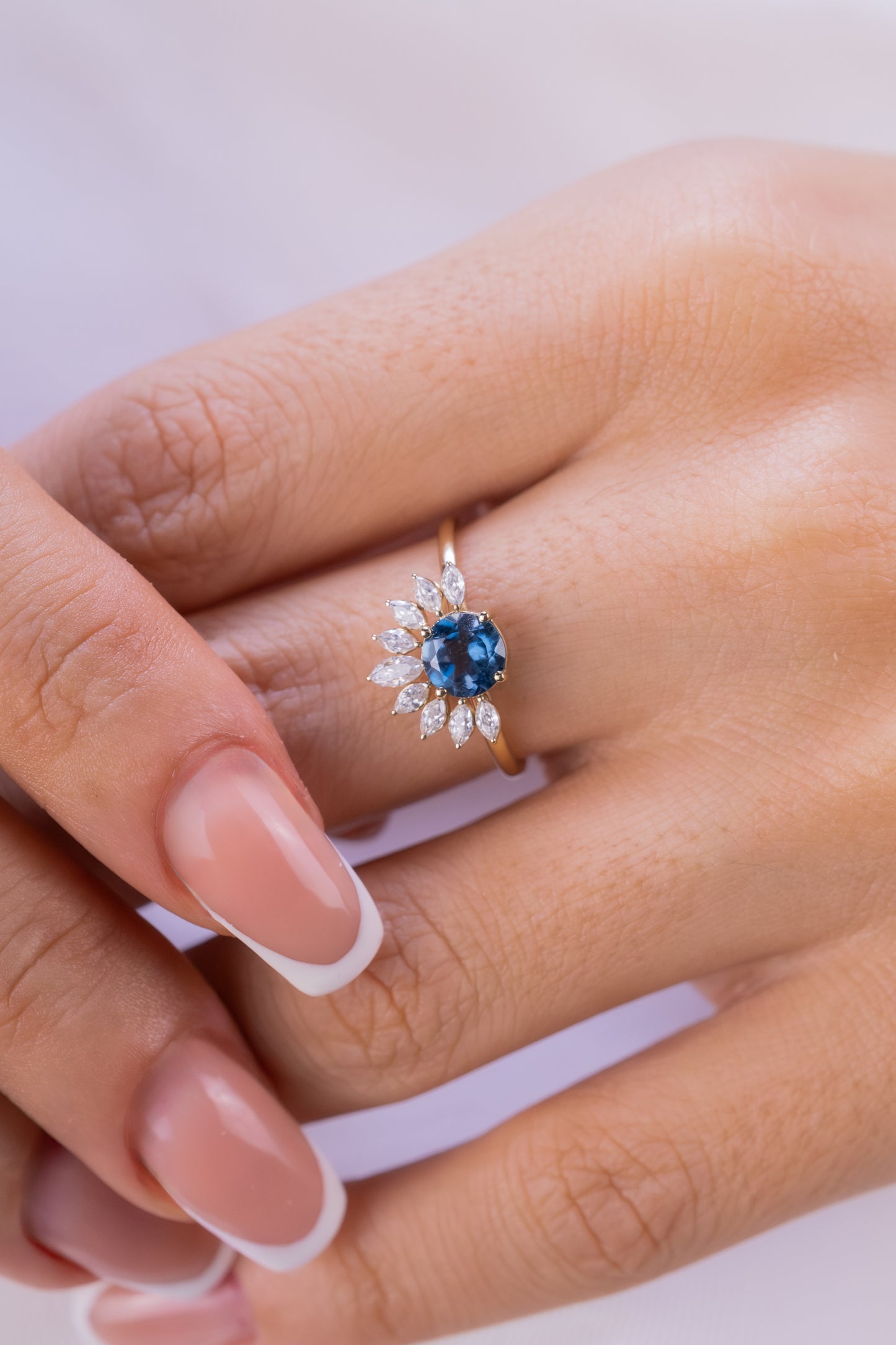 Blue Iolite Sunburst Ring – 14K Gold Halo Ring