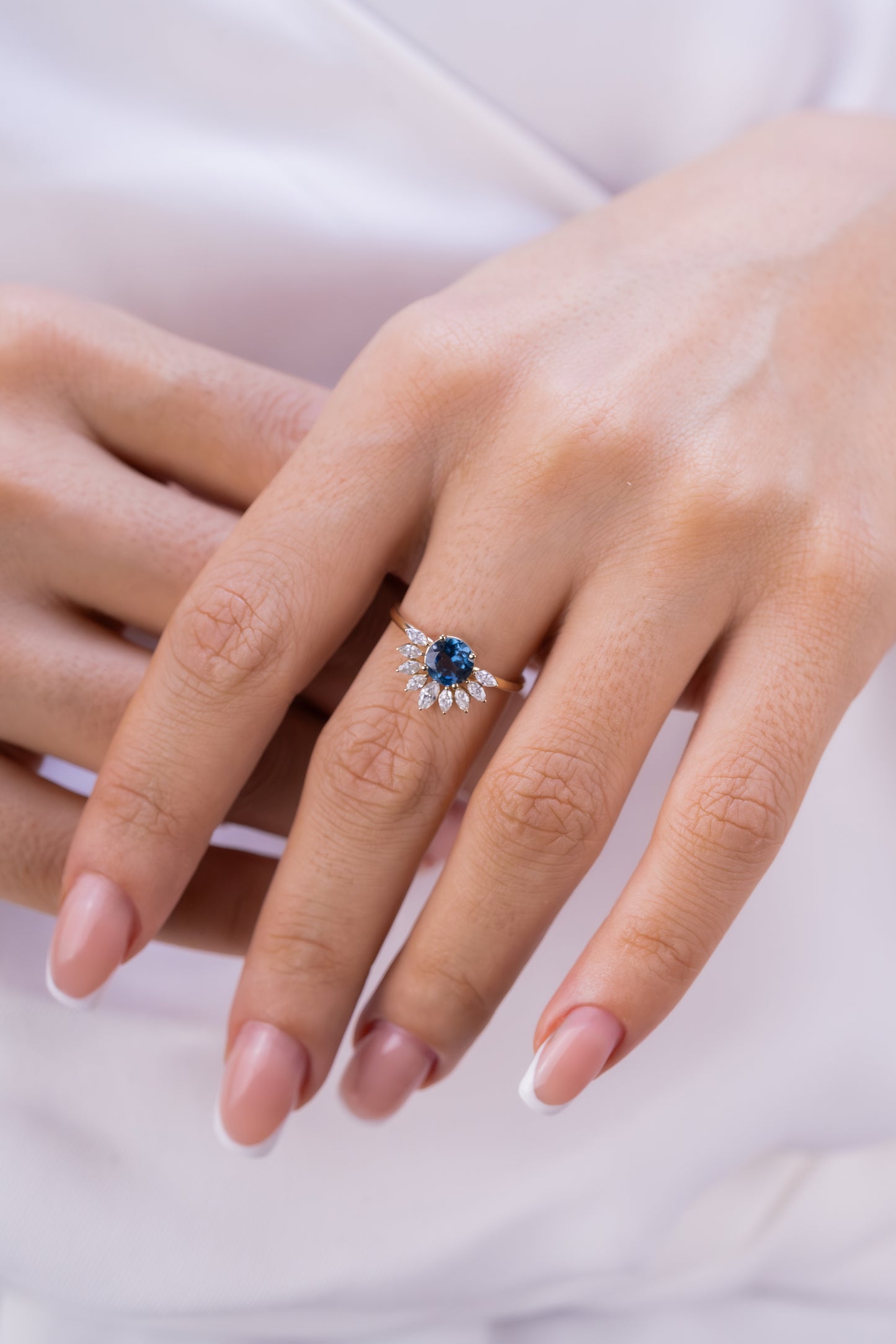 Blue Iolite Sunburst Ring – 14K Gold Halo Ring