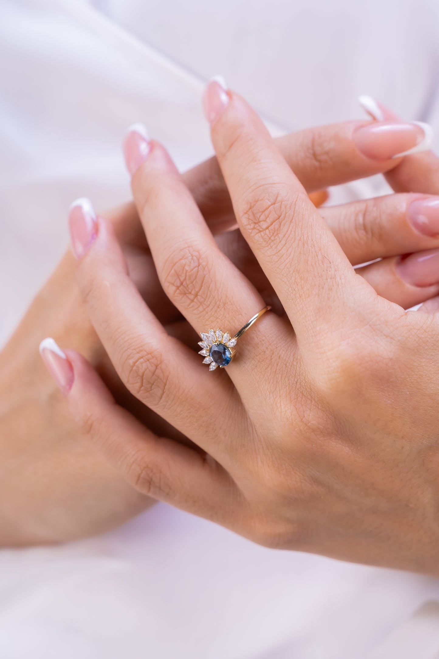 Blue Iolite Sunburst Ring – 14K Gold Halo Ring