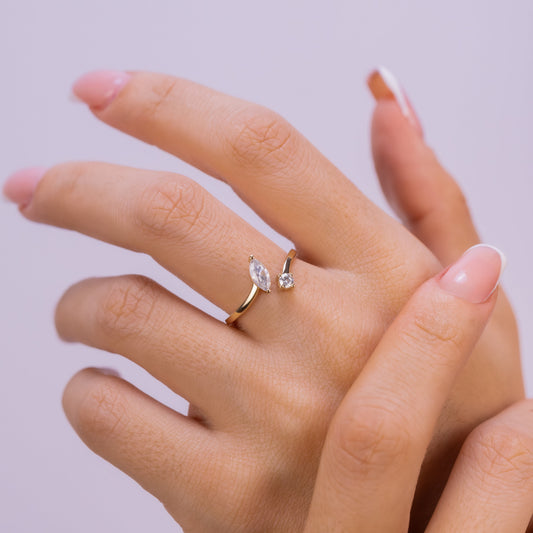 Marquise and Round Diamond Open Ring: Solid Gold Adjustable Gold Ring, Unique Two Stone Engagement Ring