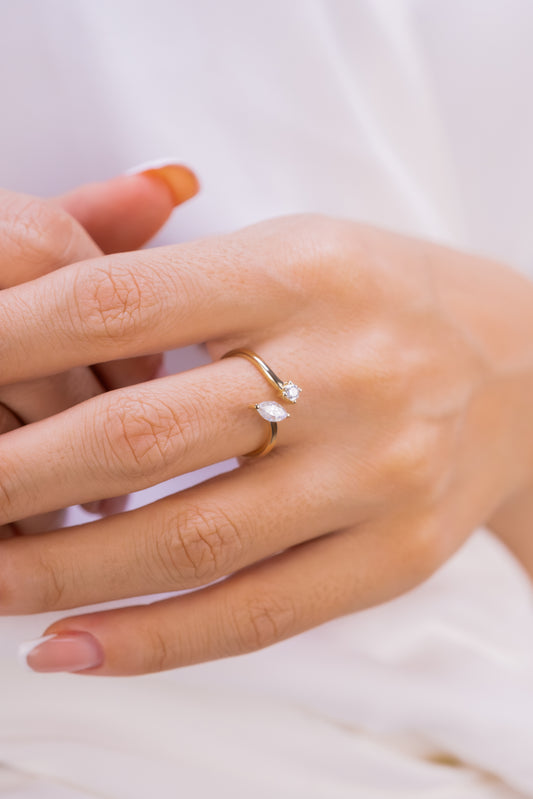 Marquise and Round Moissanite Open Ring – 14K Gold Minimalist Adjustable Ring