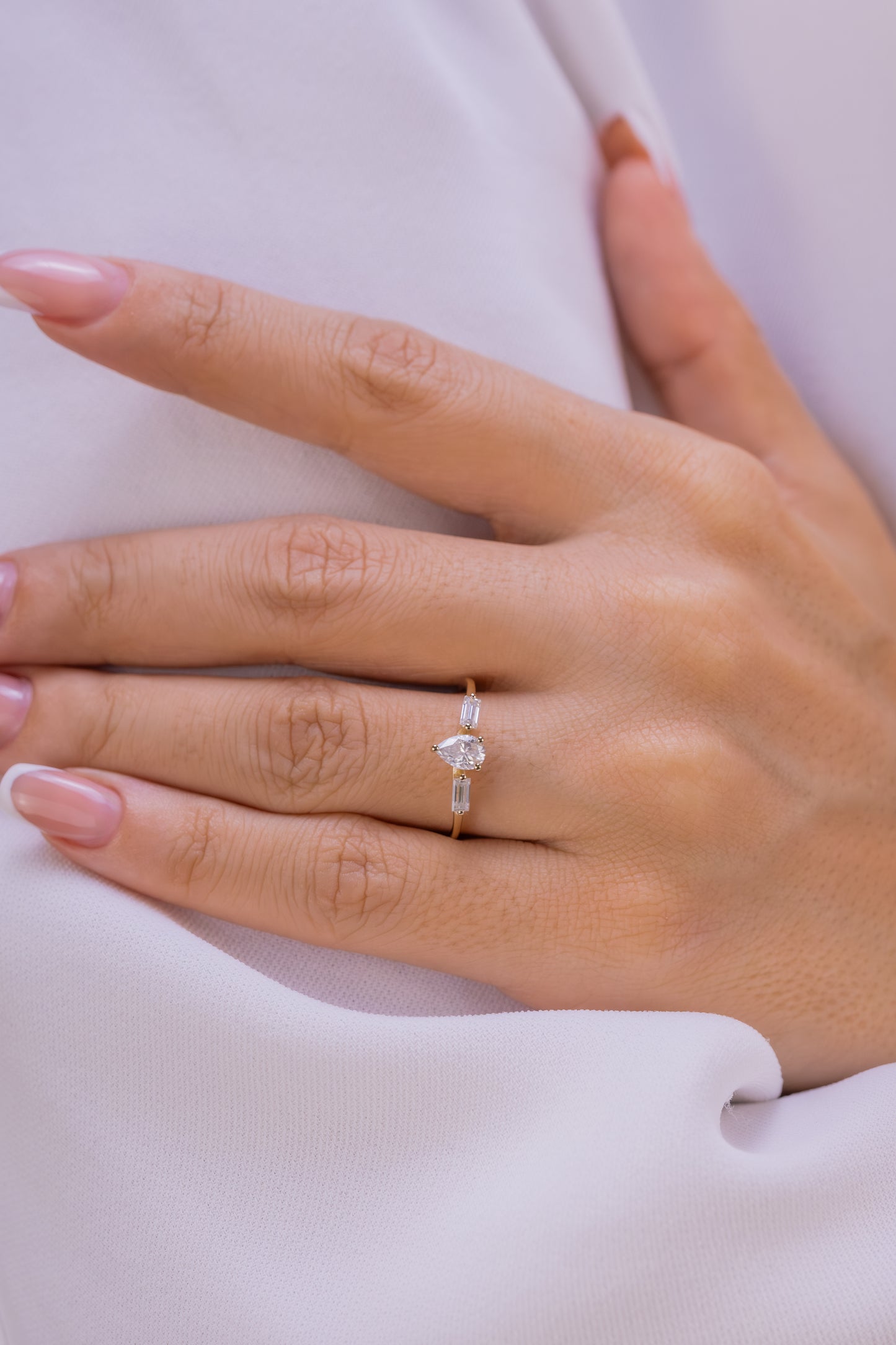 Pear Cut Baguette Moissanite  Ring – 14K Gold Dainty Engagement Ring