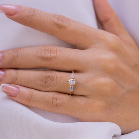Pear Cut & Baguette Moissanite  Ring –  Gold Dainty Engagement Ring
