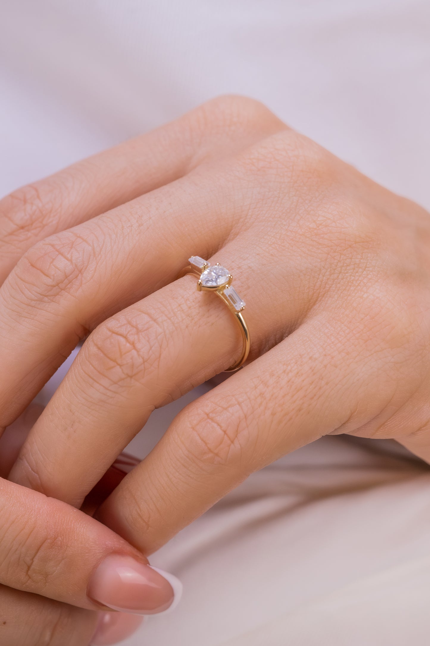 Pear Cut Baguette Moissanite  Ring – 14K Gold Dainty Engagement Ring