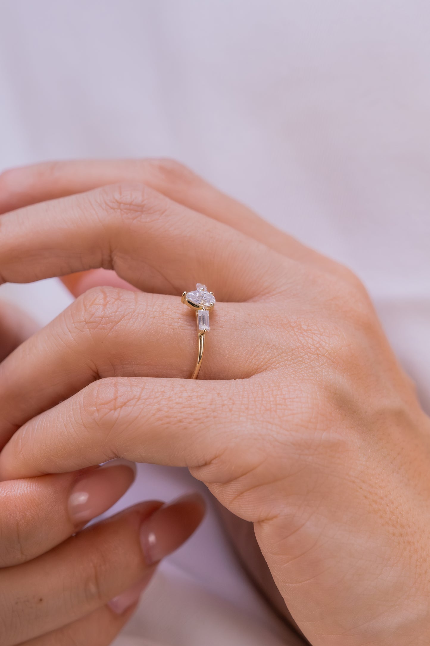 Pear Cut Baguette Moissanite  Ring – 14K Gold Dainty Engagement Ring