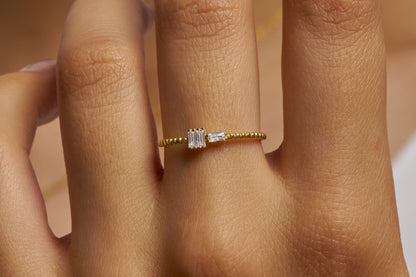 Modern Baguette Diamond Ring, Baguette Cut Minimalist Ring for Her, Beaded Gold Band Ring, Dainty Moissanite Engagement Ring,Gift for Wife