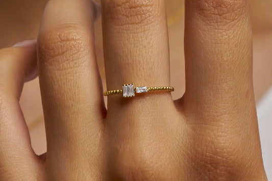 Modern Baguette Diamond Ring, Baguette Cut Minimalist Ring for Her, Beaded Gold Band Ring, Dainty Moissanite Engagement Ring,Gift for Wife