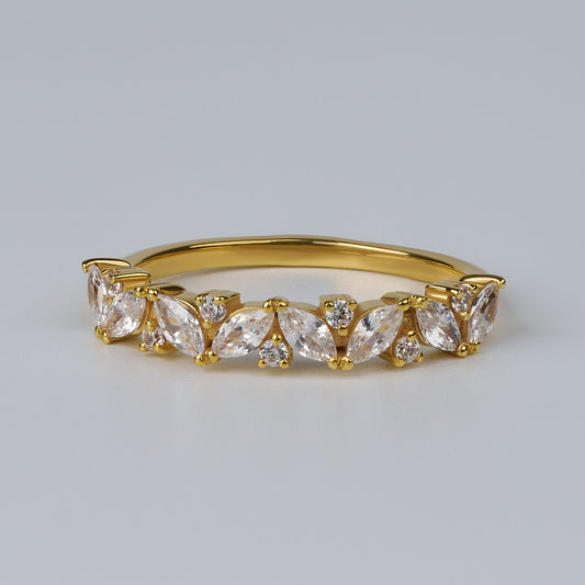 Marquise Cut Diamond Half Eternity Band Ring: Dainty Diamond Wedding Band, Stacking Anniversary Ring