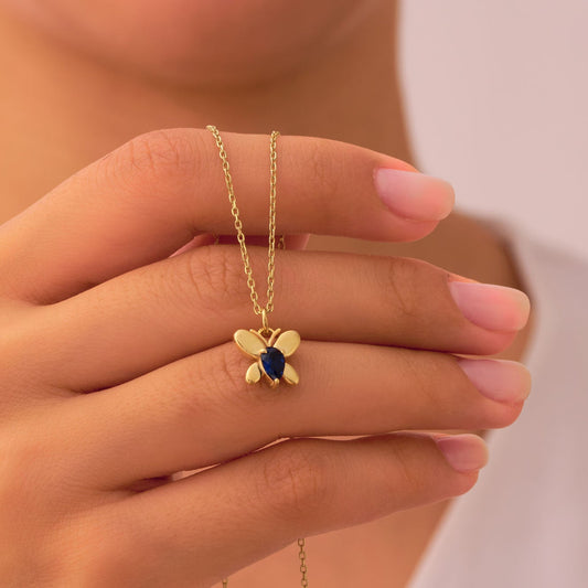 Sapphire  Butterfly Pendant: Solid Gold Necklace