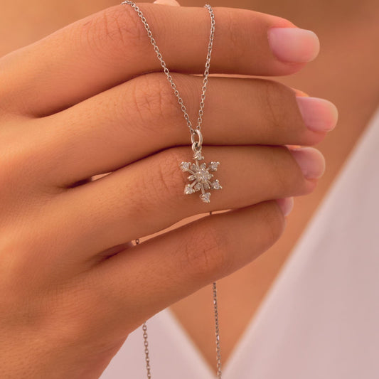 Solid Gold Snowflake Charm Necklace: Dainty Holiday Jewelry, Handmade Zircon Winter Necklace