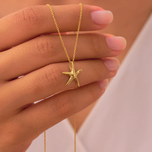 Solid Gold Starfish Necklace, Minimalist Ocean Inspired Pendant, Dainty Coastal Jewelry
