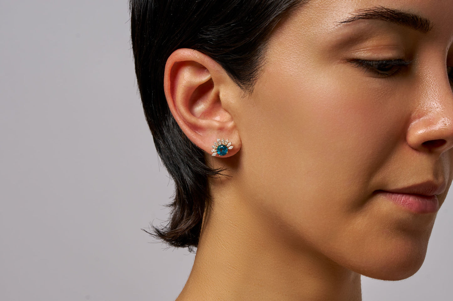 Blue London Topaz and Diamond Sunburst Stud Earrings, Dainty Sunburst Gemstone Earrings, November Birthstone Earrings, Gold Studs for Women