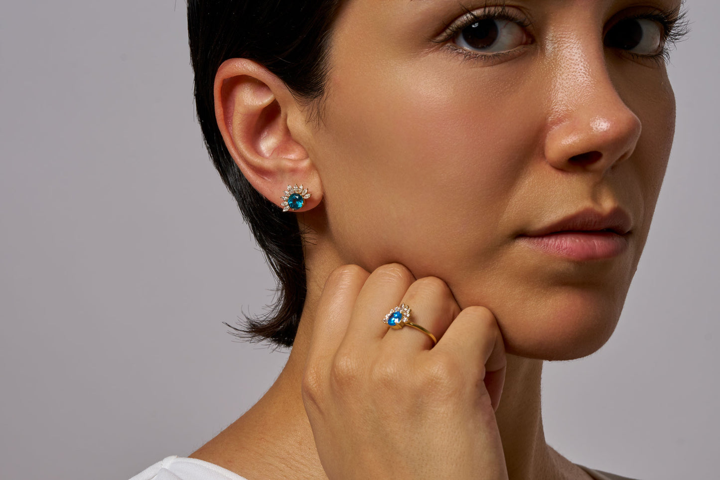 Blue London Topaz and Diamond Sunburst Stud Earrings, Dainty Sunburst Gemstone Earrings, November Birthstone Earrings, Gold Studs for Women