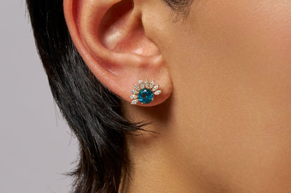 Blue London Topaz and Diamond Sunburst Stud Earrings, Dainty Sunburst Gemstone Earrings, November Birthstone Earrings, Gold Studs for Women