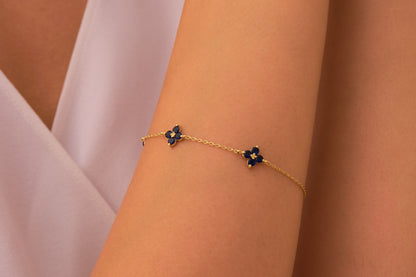 Sapphire  Flowers Bracelet, Handmade Floral Bracelet with Green Gemstones, Elegant Flower Bracelet for Her, Nature Inspired Bracelet