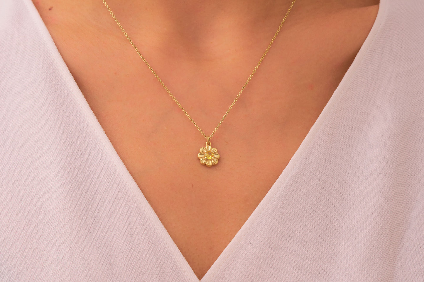 Dainty Daisy Flower Necklace with Citrine Stone: Nature Inspired Jewelry in Silver & Solid Gold
