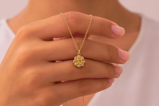 Dainty Daisy Flower Necklace with Citrine Stone: Nature Inspired Jewelry in Silver & Solid Gold