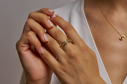 Gold Diamond cut Band Ring – 14K Gold Interlocking Ring with Round  Diamond cut moissanite , Unique Twist Design, Stackable Wedding Ring