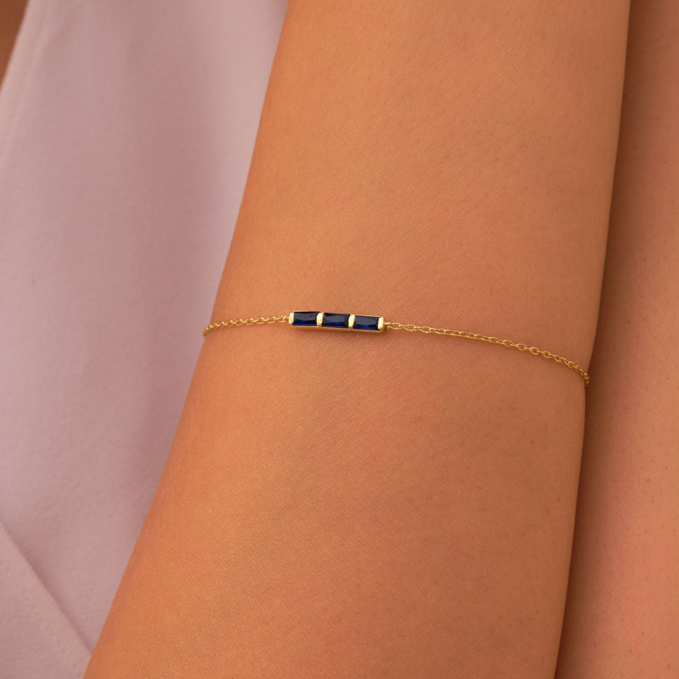 Blue Baguette Stone Bar Bracelet, Dainty Solid Gold Thin Bracelet, Simulated Sapphire Bracelet, Handmade Luxury Bracelet for Her