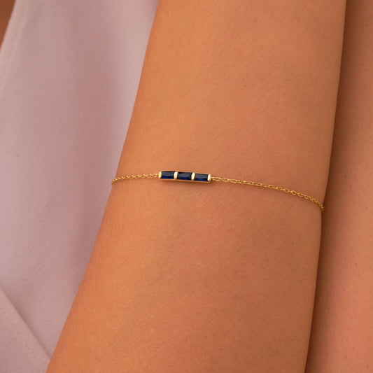 Blue Baguette Stone Bar Bracelet, Dainty Solid Gold Thin Bracelet, Simulated Sapphire Bracelet, Handmade Luxury Bracelet for Her