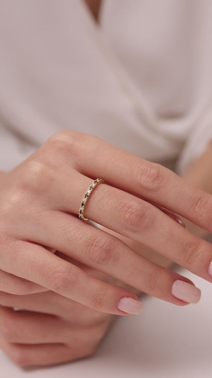 Solid Gold Sapphire Moissanite Ring | Half Eternity Stacking Band | Dainty Blue Sapphire Jewelry | Personalized Gift for Her