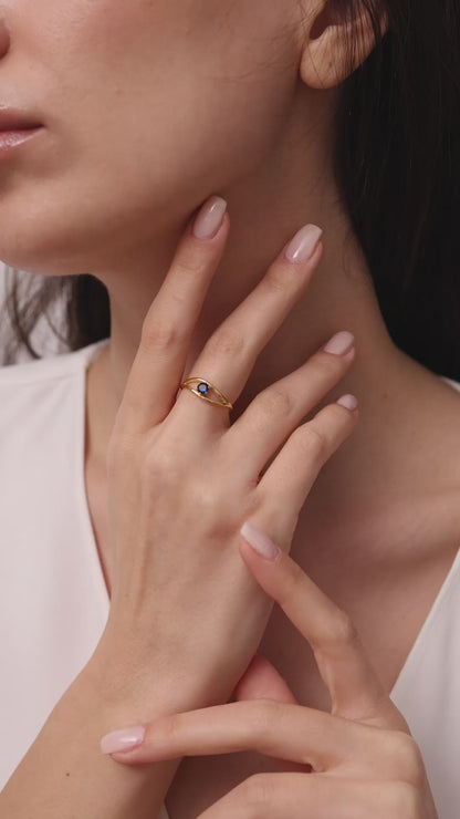 Evil Eye Ring  Solid Gold | Sapphire Blue Birthstone Ring | Dainty Minimalist Eye Band | Solid Gold Protection Jewelry Gift for Her