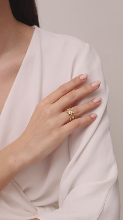 Wide Beaded Gold Ring with Moissanite, Modern Stacking Ring, Minimal Luxury Jewelry, Anniversary Gift